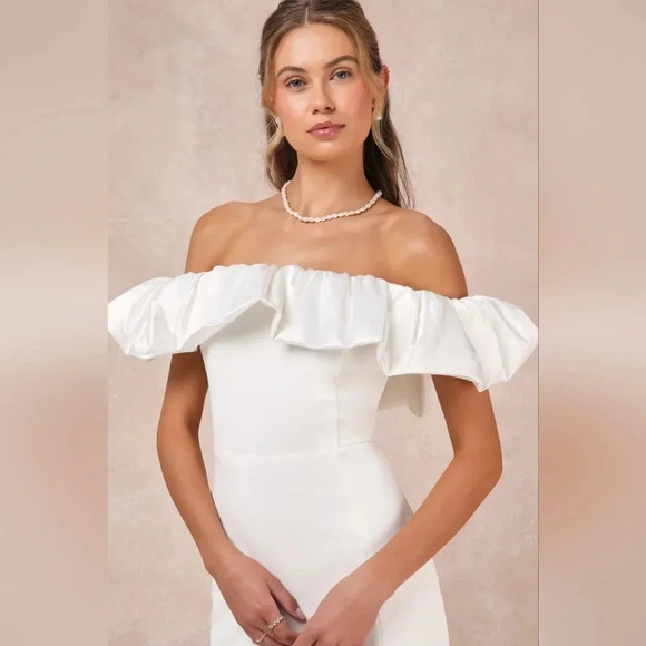 Lulu's Sincerely Passionate White Ruffled Off-the-Shoulder Maxi Dress S Wedding - Picture 4 of 13